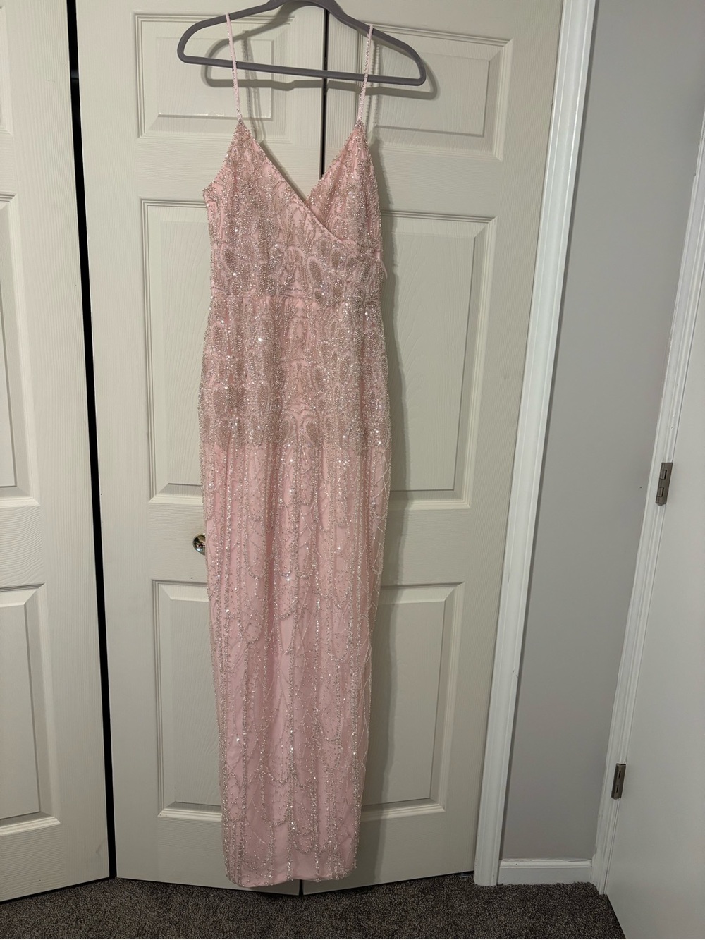Amazon Pink Beaded Spaghetti Strap Prom Dress